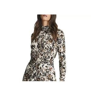 Reiss Bobby Floral Mock Neck Top Sz XS Knit Printed Shirt Banded Waist Sweater